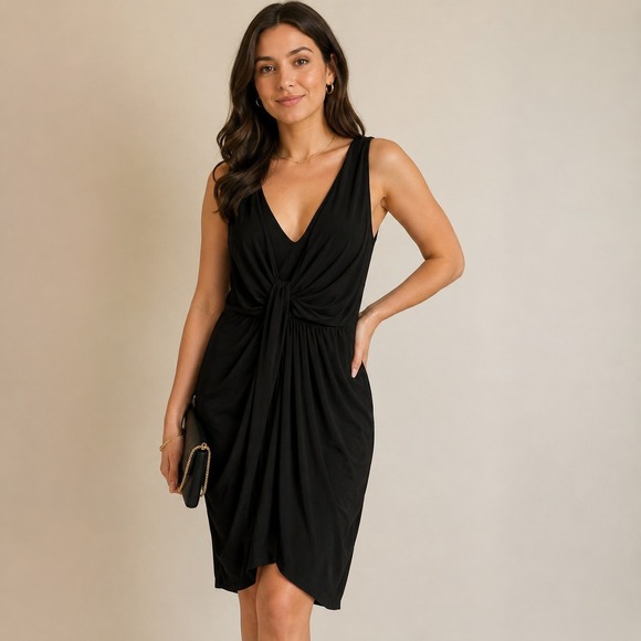 Lush Dresses & Skirts - Lush Dress Womens L Black Ruched V Neck Sleeveless Midi Sheath Jersey Party
